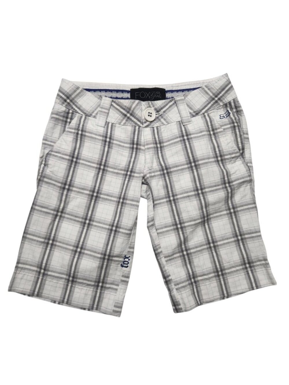 Fox Girls Bermuda Shorts Womens Size 00 Gray White Plaid Skater Casual Outdoor
